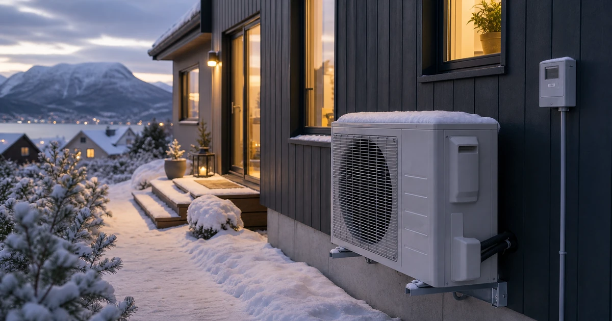 Norsk vinterbolig med utedel til varmepumpe, strømmåler og snø